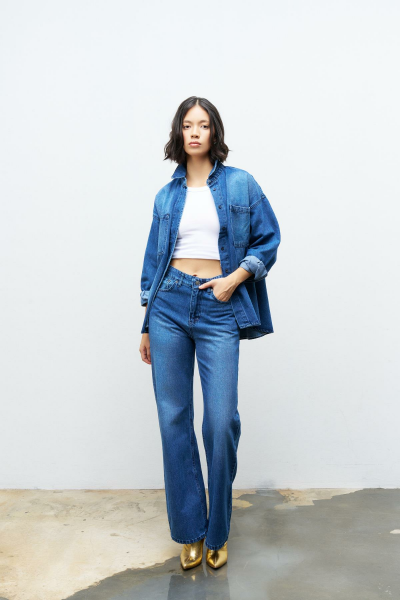 KOYU MAVİ %100 Pamuk Kadın Alt Üst Denim Takım
