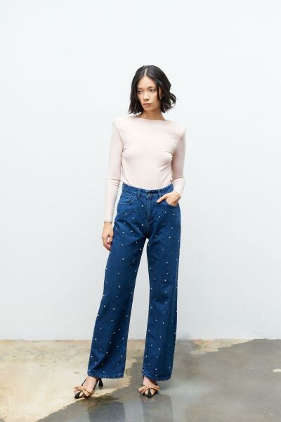 Koyu Mavi Önü Taş Detaylı %100 Cotton Wide Leg Denim