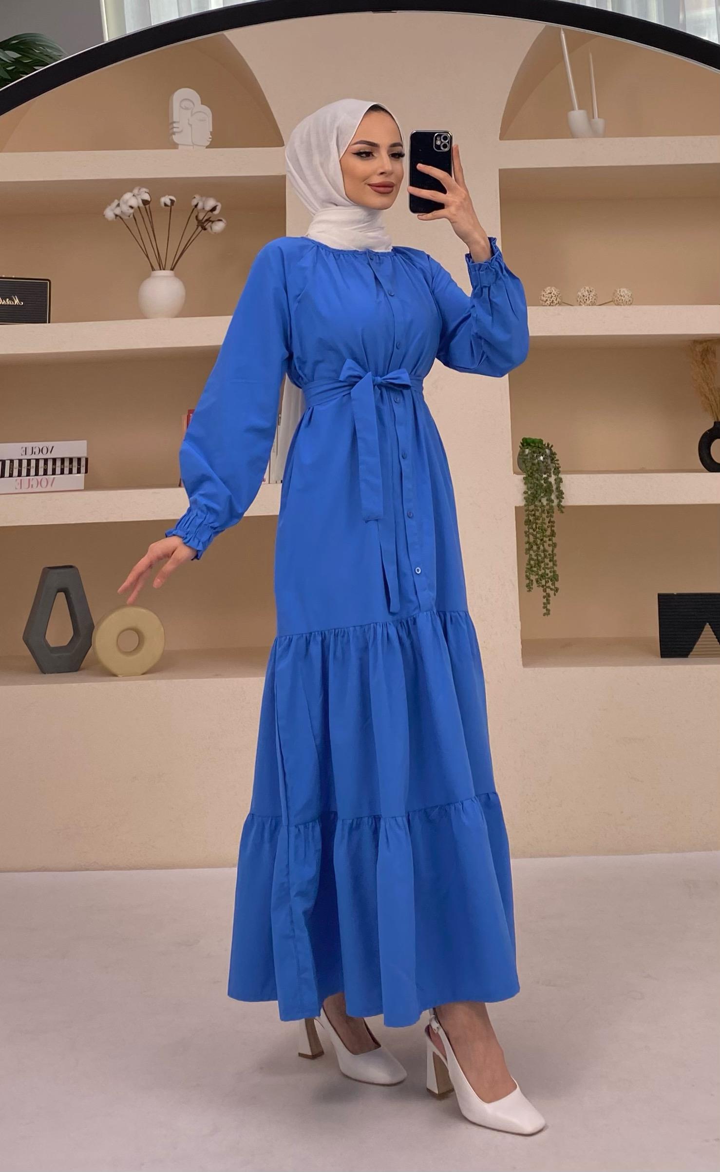 Poplin Kuşaklı Etek Fırfır Detaylı Saks Elbise
