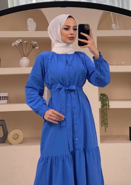 Poplin Kuşaklı Etek Fırfır Detaylı Saks Elbise