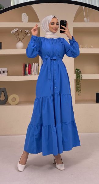 Poplin Kuşaklı Etek Fırfır Detaylı Saks Elbise