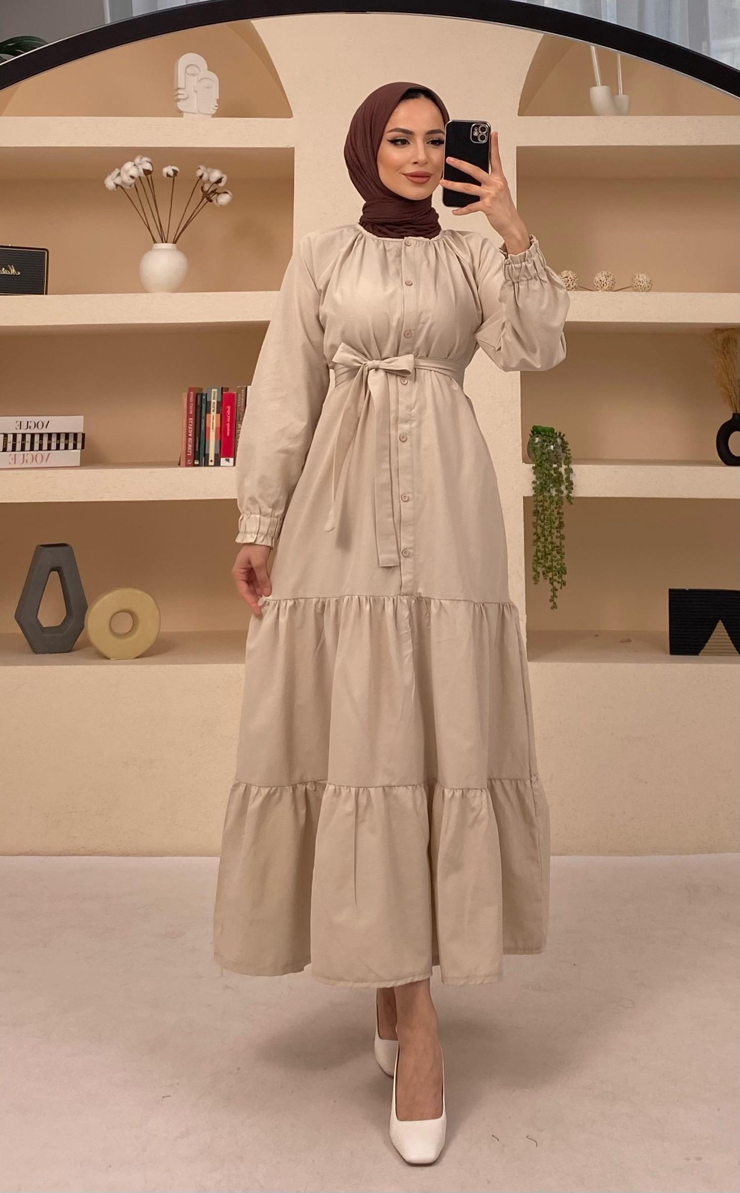 Poplin Kuşaklı Etek Fırfır Detaylı Taş Elbise