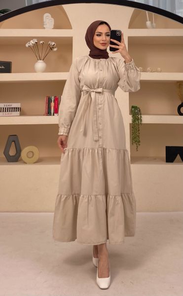 Poplin Kuşaklı Etek Fırfır Detaylı Taş Elbise