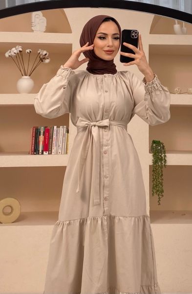 Poplin Kuşaklı Etek Fırfır Detaylı Taş Elbise