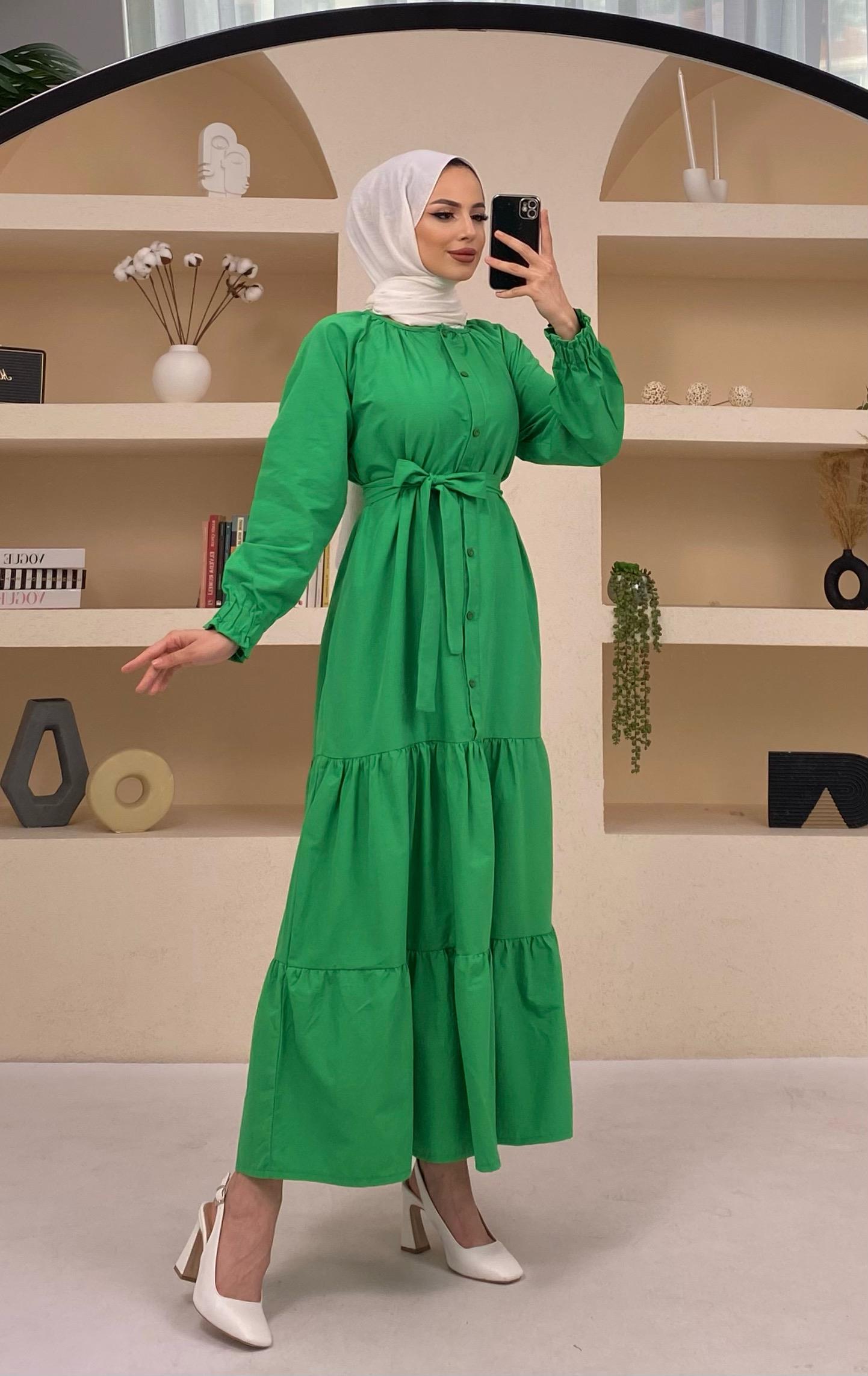 Poplin Kuşaklı Etek Fırfır Detaylı Yeşil Elbise