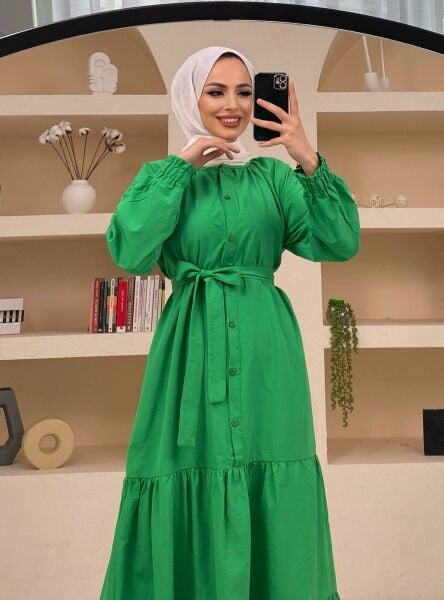 Poplin Kuşaklı Etek Fırfır Detaylı Yeşil Elbise