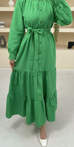 Poplin Kuşaklı Etek Fırfır Detaylı Yeşil Elbise