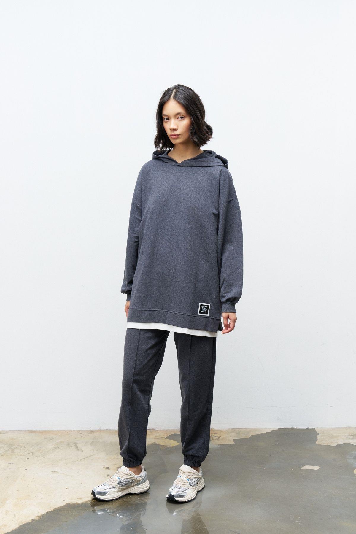 Text Kapüşonlu Basic Oversize Antrasit Alt Üst Eşofman Takımı