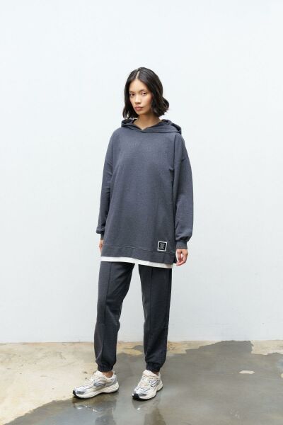 Text Kapüşonlu Basic Oversize Antrasit Alt Üst Eşofman Takımı