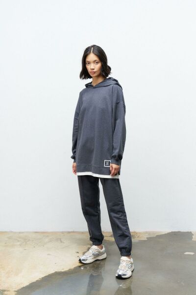 Text Kapüşonlu Basic Oversize Antrasit Alt Üst Eşofman Takımı