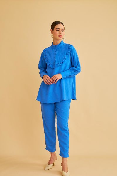 Jade Süs Dikişli ve Düğmeli Fırfır Yaka Keten Mavi Tunik Pantolon Takım