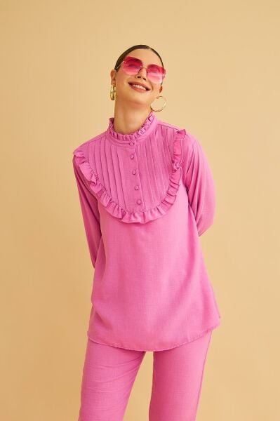 Jade Süs Dikişli ve Düğmeli Fırfır Yaka Keten Pembe Tunik Pantolon Takım