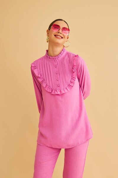 Jade Süs Dikişli ve Düğmeli Fırfır Yaka Keten Pembe Tunik Pantolon Takım