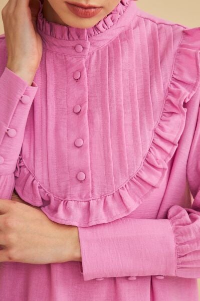 Jade Süs Dikişli ve Düğmeli Fırfır Yaka Keten Pembe Tunik Pantolon Takım