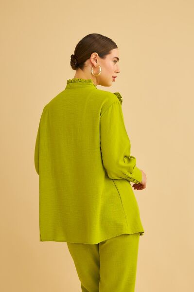 Jade Süs Dikişli ve Düğmeli Fırfır Yaka Keten Olive Tunik Pantolon Takım