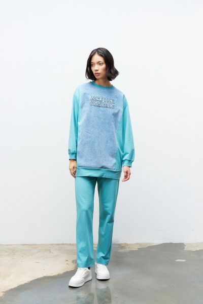 SU YEŞİLİ Kadın Denim Üzeri Nakış İşlemeli Bisiklet Yaka Sweatshirt  Dar Paça Pantolon Pamuklu Örme Alt Üst Takım