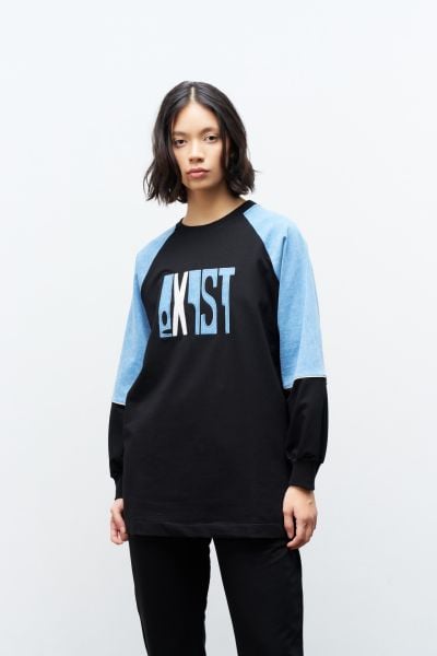 Siyah Kadın Exist Nakış Üzeri Taşlı  Kol Denim Detaylı Dar Paça Pamuklu Örme Alt Üst Takım