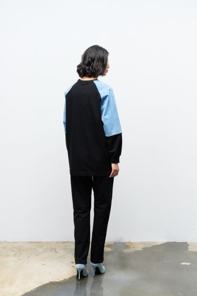 Siyah Kadın Exist Nakış Üzeri Taşlı  Kol Denim Detaylı Dar Paça Pamuklu Örme Alt Üst Takım