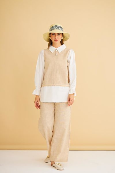 Lambade Düğme Detaylı Bol Paça Keten Camel Tunik Pantolon Takım