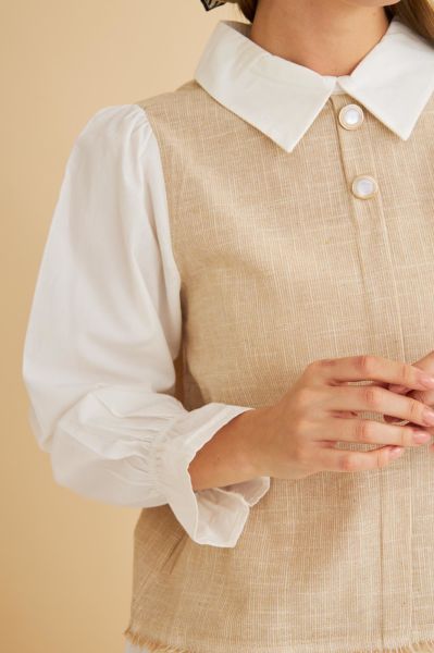 Lambade Düğme Detaylı Bol Paça Keten Camel Tunik Pantolon Takım
