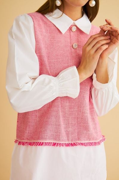 Lambade Düğme Detaylı Bol Paça Keten Pembe Tunik Pantolon Takım