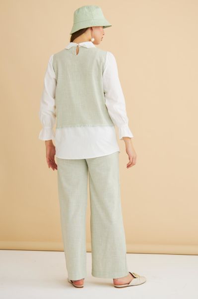 Lambade Düğme Detaylı Bol Paça Keten Mint Tunik Pantolon Takım