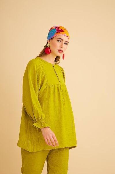 Pinky Düğmeli Kolları Büzgülü Keten Olive Tunik Pantolon