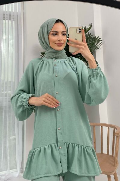 Ayrobin Düğmeli ve Eteği Fırfırlı Mint Takım