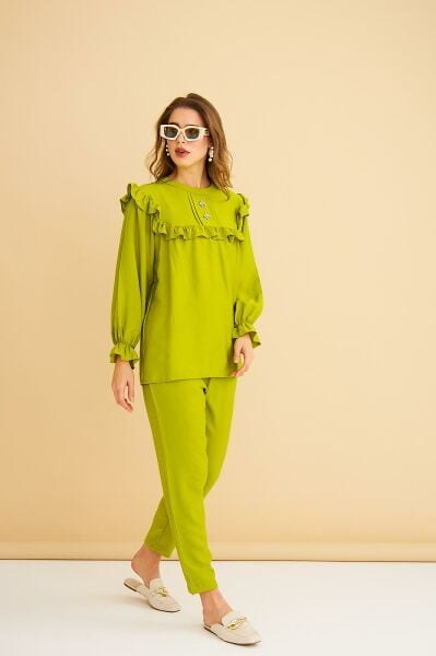 Porty Taş İşlemeli ve Fırfır Detaylı Olive Tunik Pantolon Takım