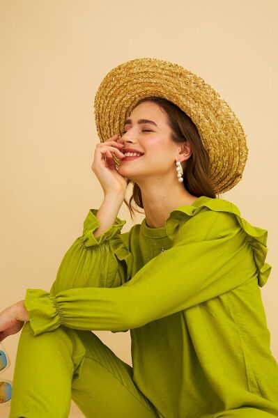 Porty Taş İşlemeli ve Fırfır Detaylı Olive Tunik Pantolon Takım