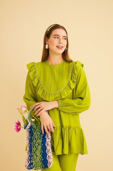 Luxe Fırfırlı ve Taşlı Keten Olive Tunik Pantolon Takım