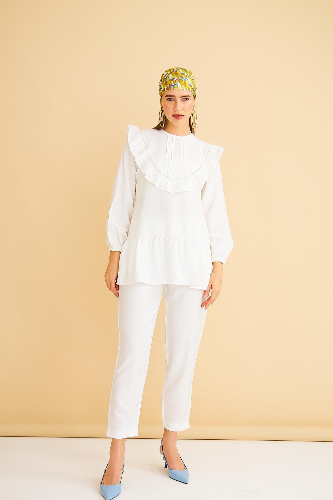 Luxe Fırfırlı ve Taşlı Keten Ekru Tunik Pantolon Takım