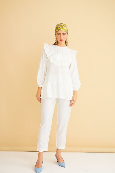 Luxe Fırfırlı ve Taşlı Keten Ekru Tunik Pantolon Takım