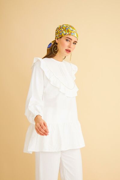 Luxe Fırfırlı ve Taşlı Keten Ekru Tunik Pantolon Takım