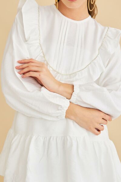 Luxe Fırfırlı ve Taşlı Keten Ekru Tunik Pantolon Takım