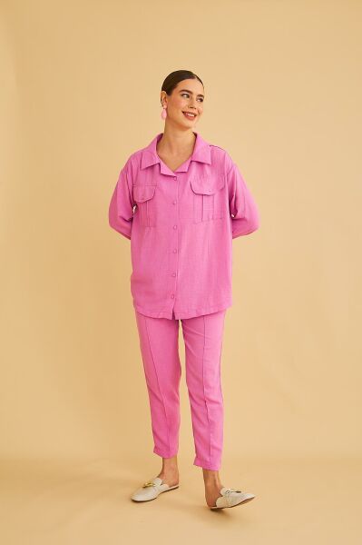 Raxy Cepli ve Nervürlü Keten Pembe Gömlek Pantolon Takım