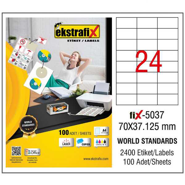 Ekstrafix Laser Etiket 70x37,125 Laser-Copy-Inkjet Fİx-5037