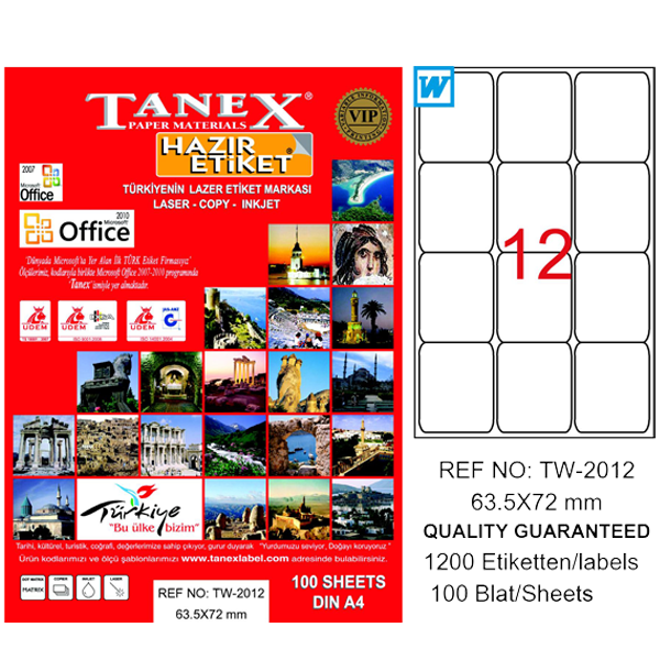 Tanex Laser Etiket 100 YP 63x72 MM Laser-Copy-Inkjet TW-2012