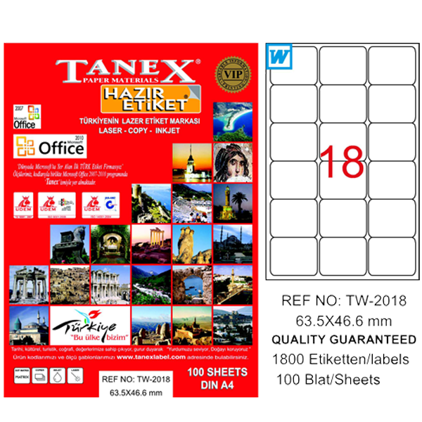 Tanex Laser Etiket 100 YP 63.5x46.6 Laser-Copy-Inkjet TW-2018