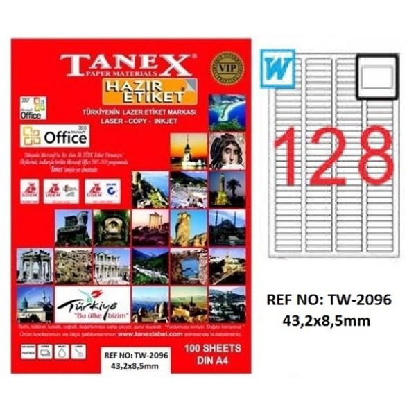 Tanex Laser Etiket 100 YP 43x8.5 MM Laser-Copy-Inkjet TW-2096