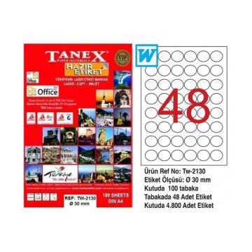 Tanex Laser Etiket 100 YP 0.30 MM Laser-Copy-Inkjet Yuvarlak TW-2130