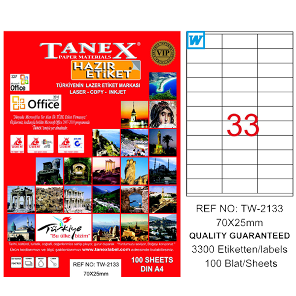 Tanex Laser Etiket 100 YP 70x25 Laser-Copy-Inkjet TW-2133