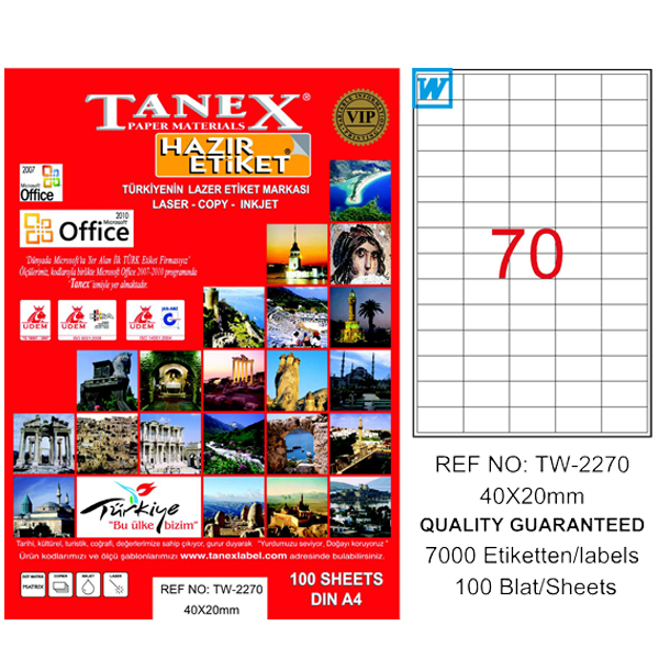 Tanex Laser Etiket 100 YP 40x20 MM Laser-Copy-Inkjet TW-2270