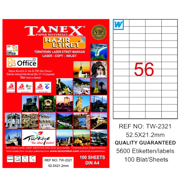 Tanex Laser Etiket 100 YP 52x21 MM Laser-Copy-Inkjet TW-2321