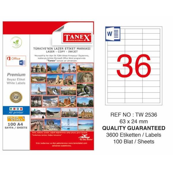 Tanex Laser Etiket 100 YP 63x24 MM Laser-Copy-Inkjet TW-2536