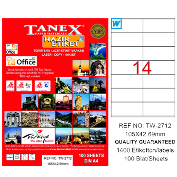 Tanex Laser Etiket 100 YP 105x42.69 Laser-Copy-Inkjet TW-2712