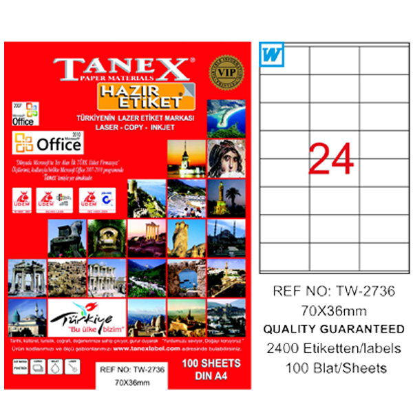 Tanex Laser Etiket 100 YP 70x36 Laser-Copy-Inkjet TW-2736