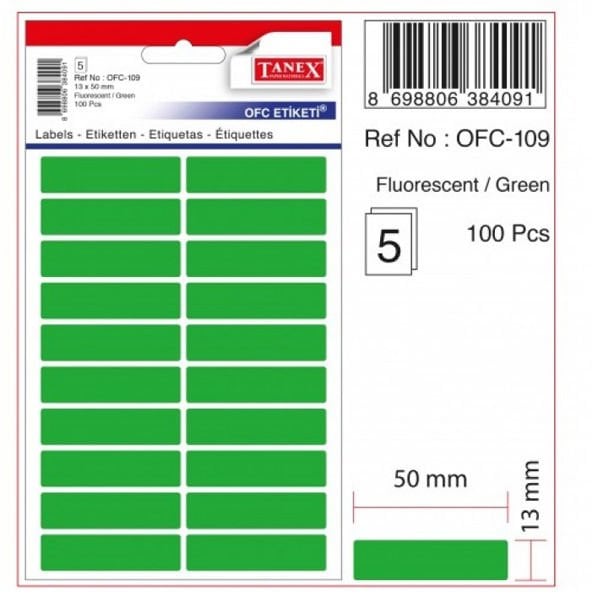 Tanex Ofis Etiketi Poşetli 13x50 MM Fosforlu Yeşil Ofc-109