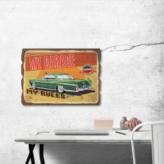 Ahşap Duvar Panosu ''My Garage My Rules'' 40x36 cm - Ev Dekorasyonu