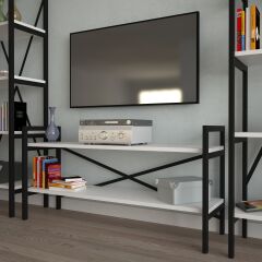 2 Raflı Metal Tv Ünitesi + 2 Adet 60 cm Kitaplık Beyaz